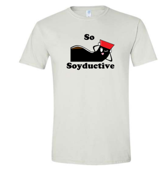 White t-shirt with So Soyductive artwork on it. 